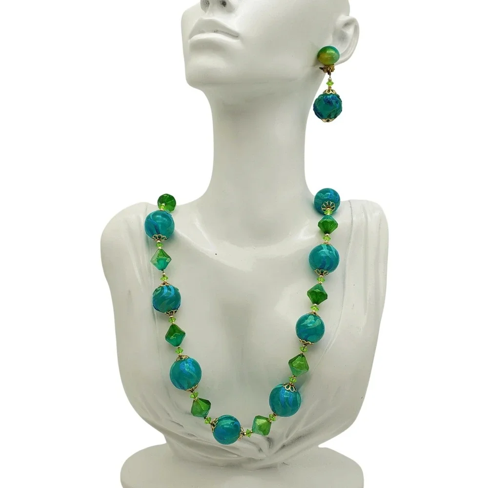 Hong Kong Necklace Clip Earrings Blue Green Flocked Beaded Acrylic Lucite Summer